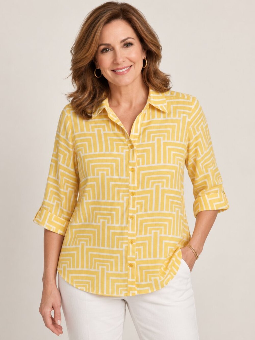Chico’s Yellow White Geometric Print 100% Linen Shirt Top Coastal Size 2